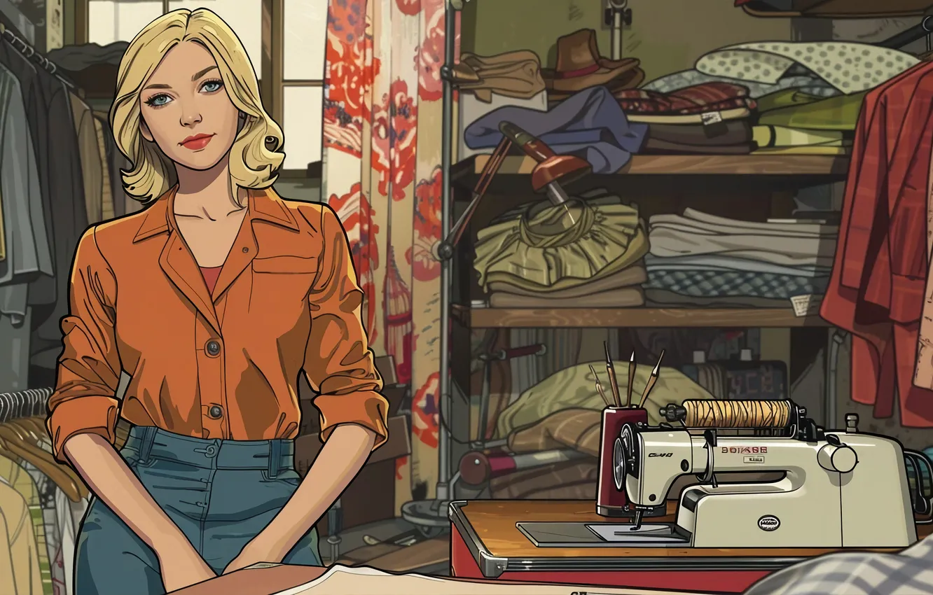 Photo wallpaper Girl, Blonde, Clothing, Sewing machine, Digital art, Designer, Seamstress, AI art
