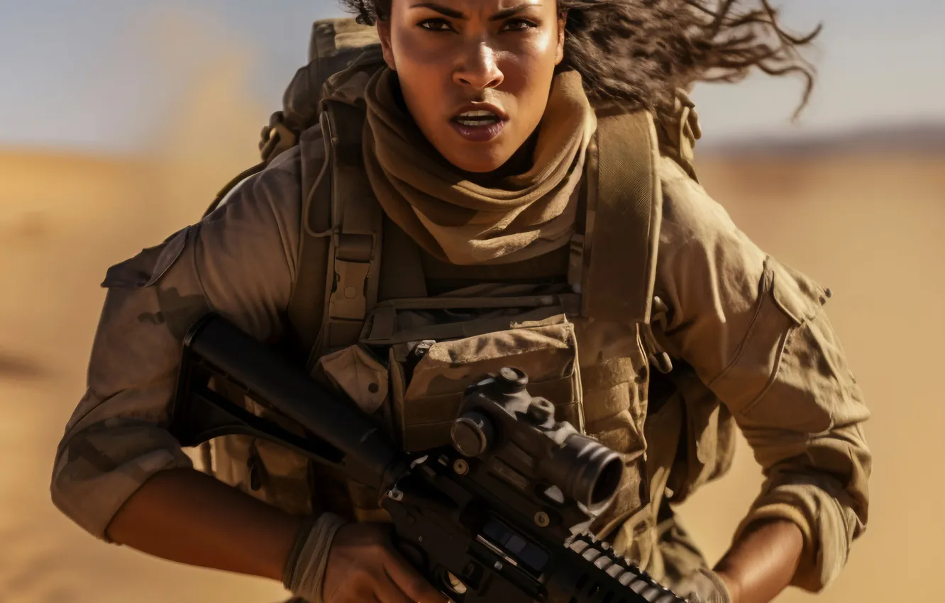 Photo wallpaper look, girl, running, soldiers, machine, digital art, AI art, The Art of Artificial Intelligence