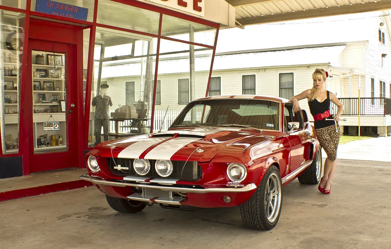 Photo wallpaper girl, Ford, Girls, shop, red car