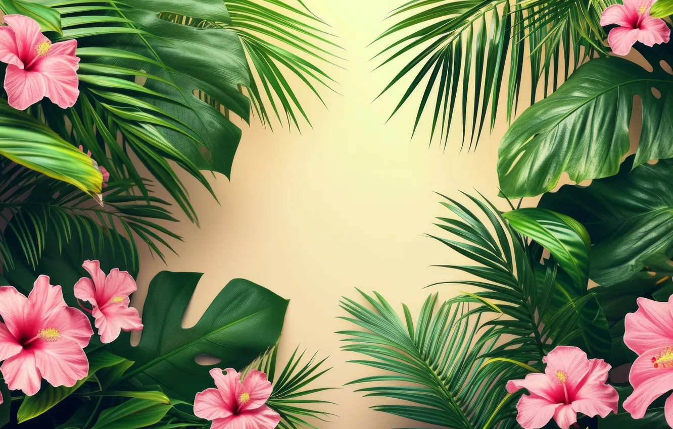 Photo wallpaper leaves, flowers, tropics, texture, frame, Exotic, Tropical Plants, AI art