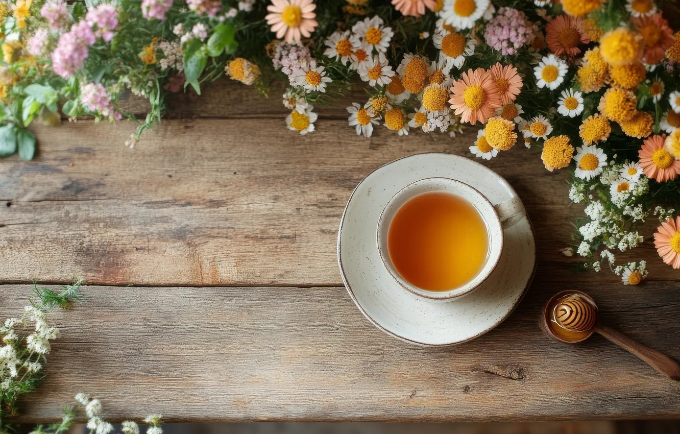Photo wallpaper summer, flowers, comfort, table, tea, Board, chamomile, bouquet