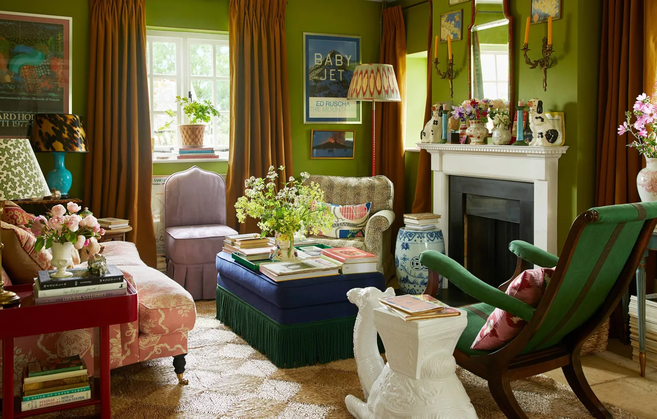 Photo wallpaper flowers, design, style, interior, book, vase, fireplace, living room