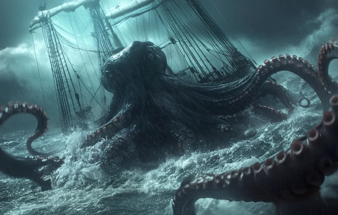 Photo wallpaper Sea, Wave, Ship, Clouds, Sailboat, Attack, Digital art, Sea monster