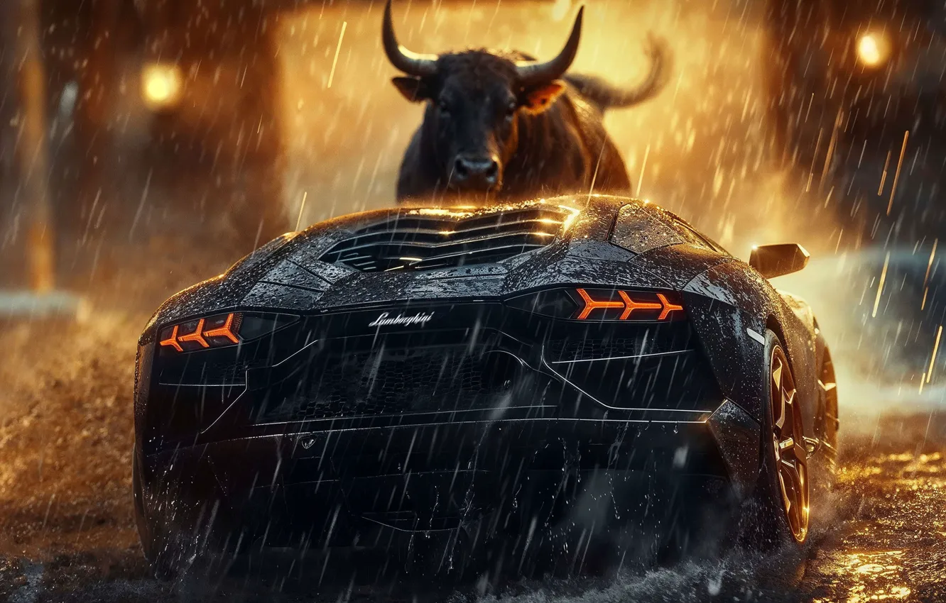 Photo wallpaper Black, Lamborghini, Rain, Bull, Art, Bull, Back, Lamborghini Scrambled