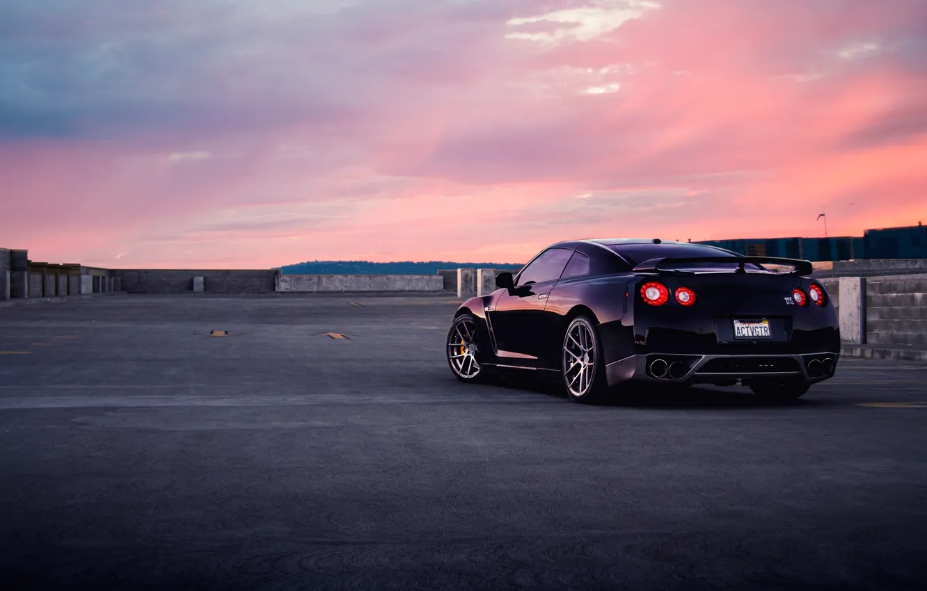 Photo wallpaper GTR, Nissan, Car, Wall, Black, Sunset, Tuning, R35