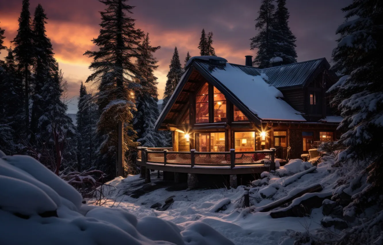 Photo wallpaper winter, forest, the sky, light, night, lights, house, hut
