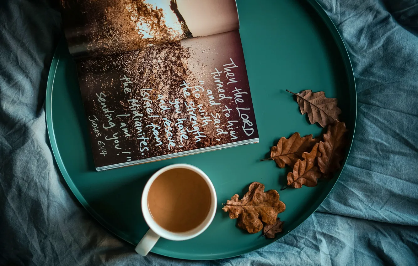 Photo wallpaper leaves, photo, Wallpaper, mug, book, wallpaper, picture, tray