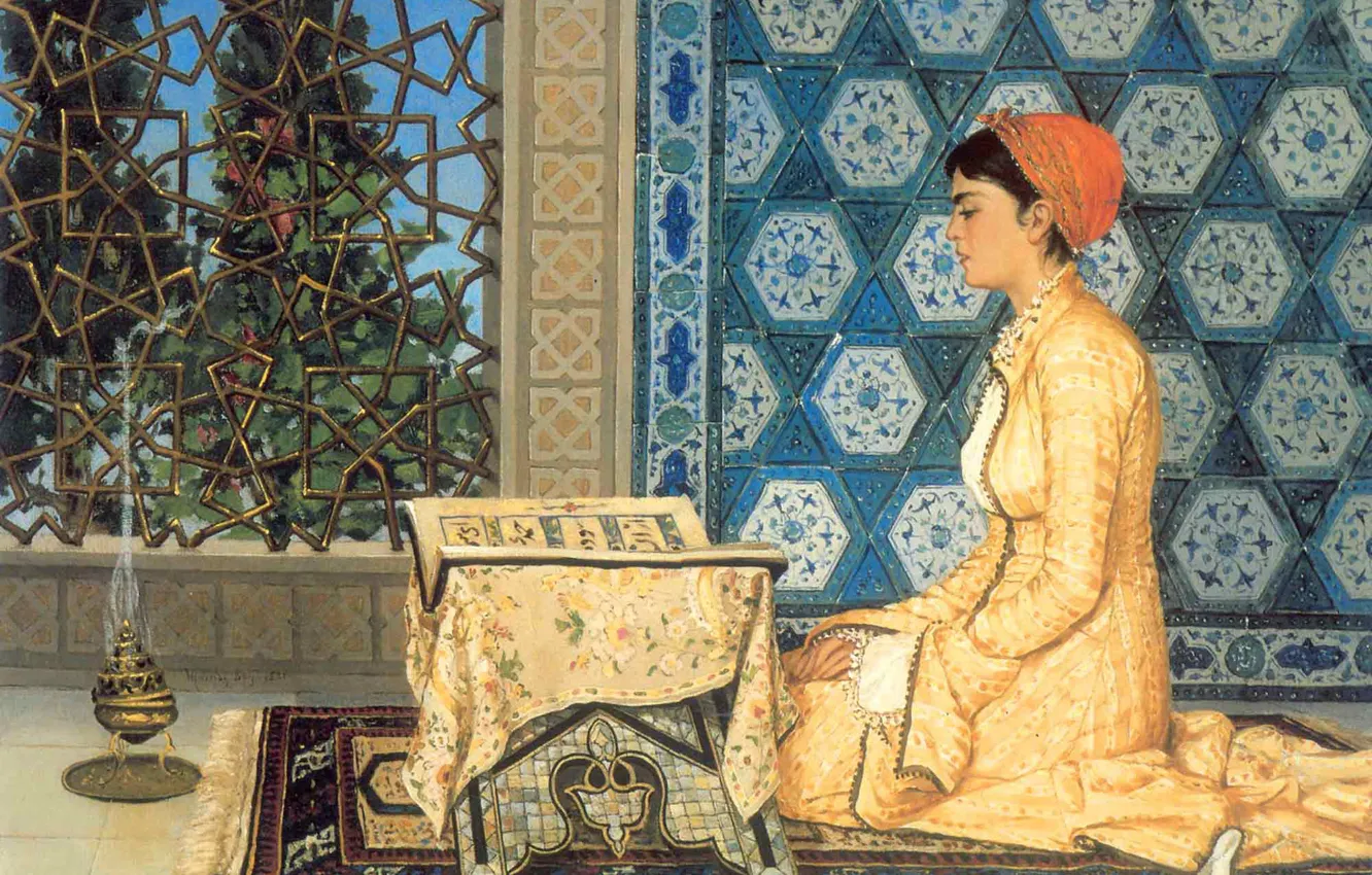 Photo wallpaper girl, portrait, Turkey, A girl reading the Koran, Osman Hamdi