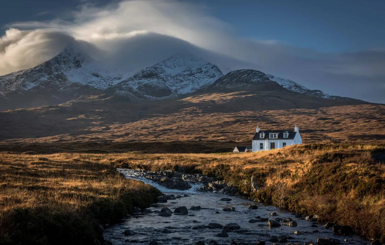 Photo wallpaper river, mountains, clouds, Scotland, Sligachan