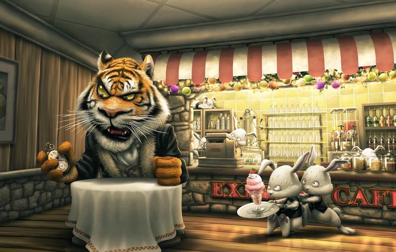 Photo wallpaper tiger, watch, ordering, ice cream, rabbits, cafe, table, the client