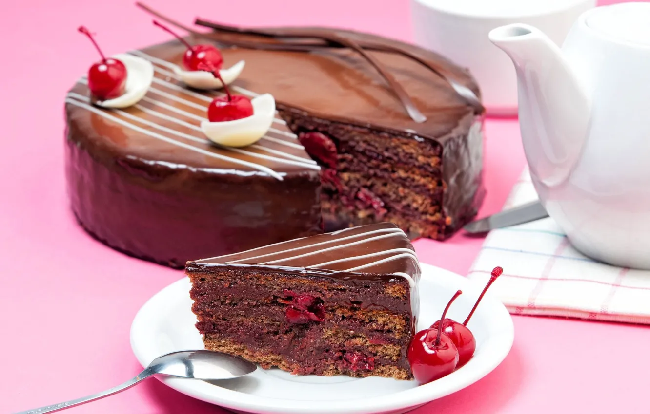Photo wallpaper cherry, chocolate, kettle, cake