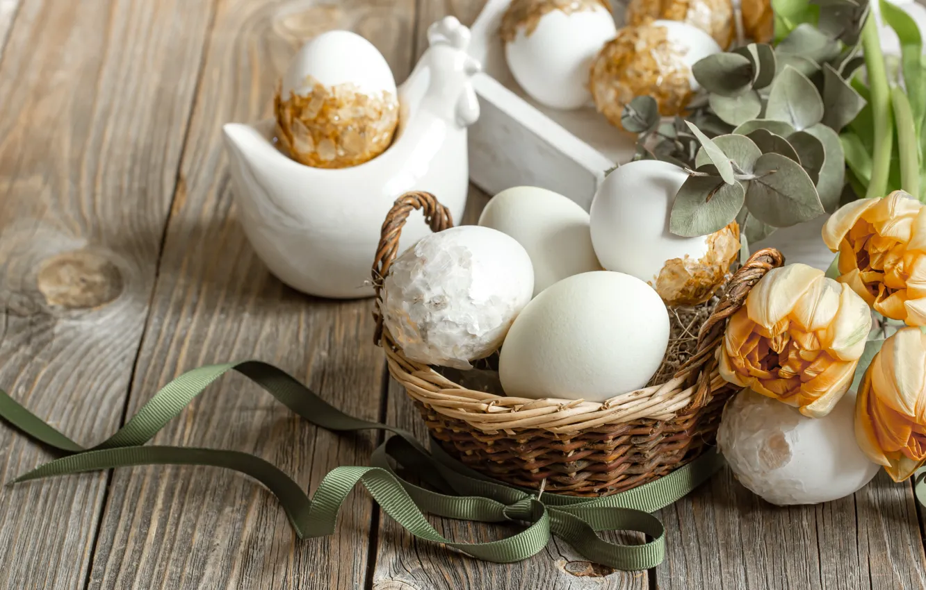Photo wallpaper leaves, flowers, branches, yellow, holiday, Board, eggs, bouquet