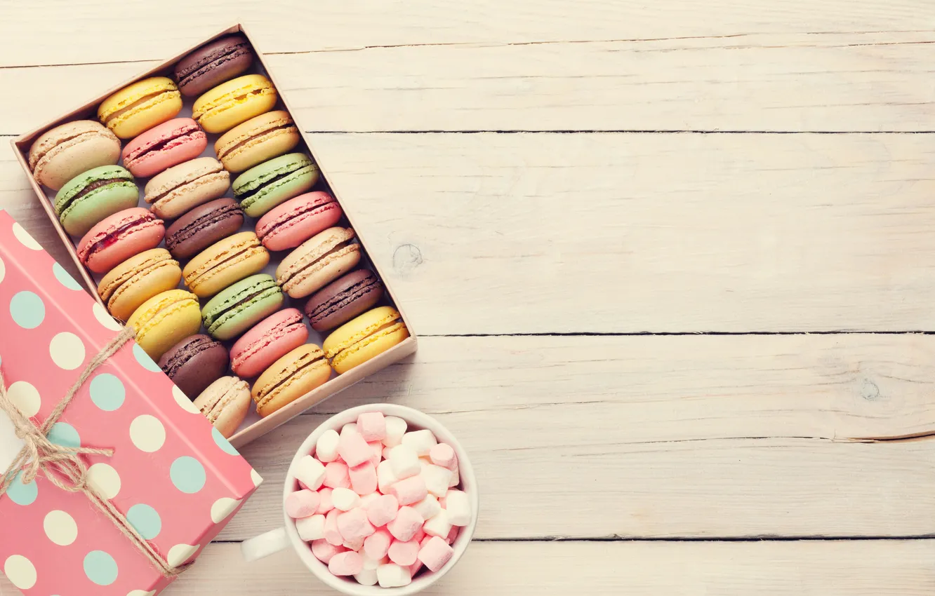 Photo wallpaper flowers, gift, colorful, wood, pink, flowers, macarons, gift box