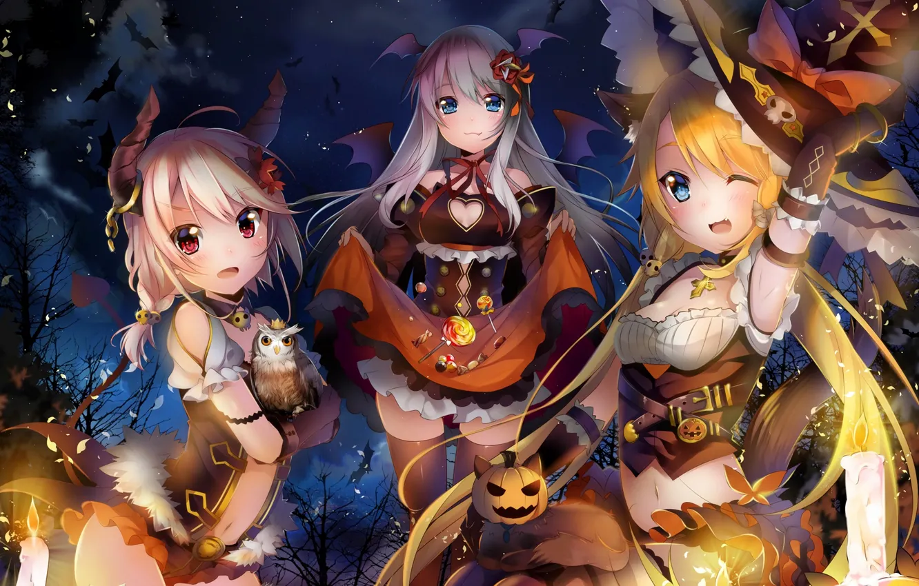 Photo wallpaper sexy, cleavage, blouse, thighhighs, horns, long hair, dress, girls