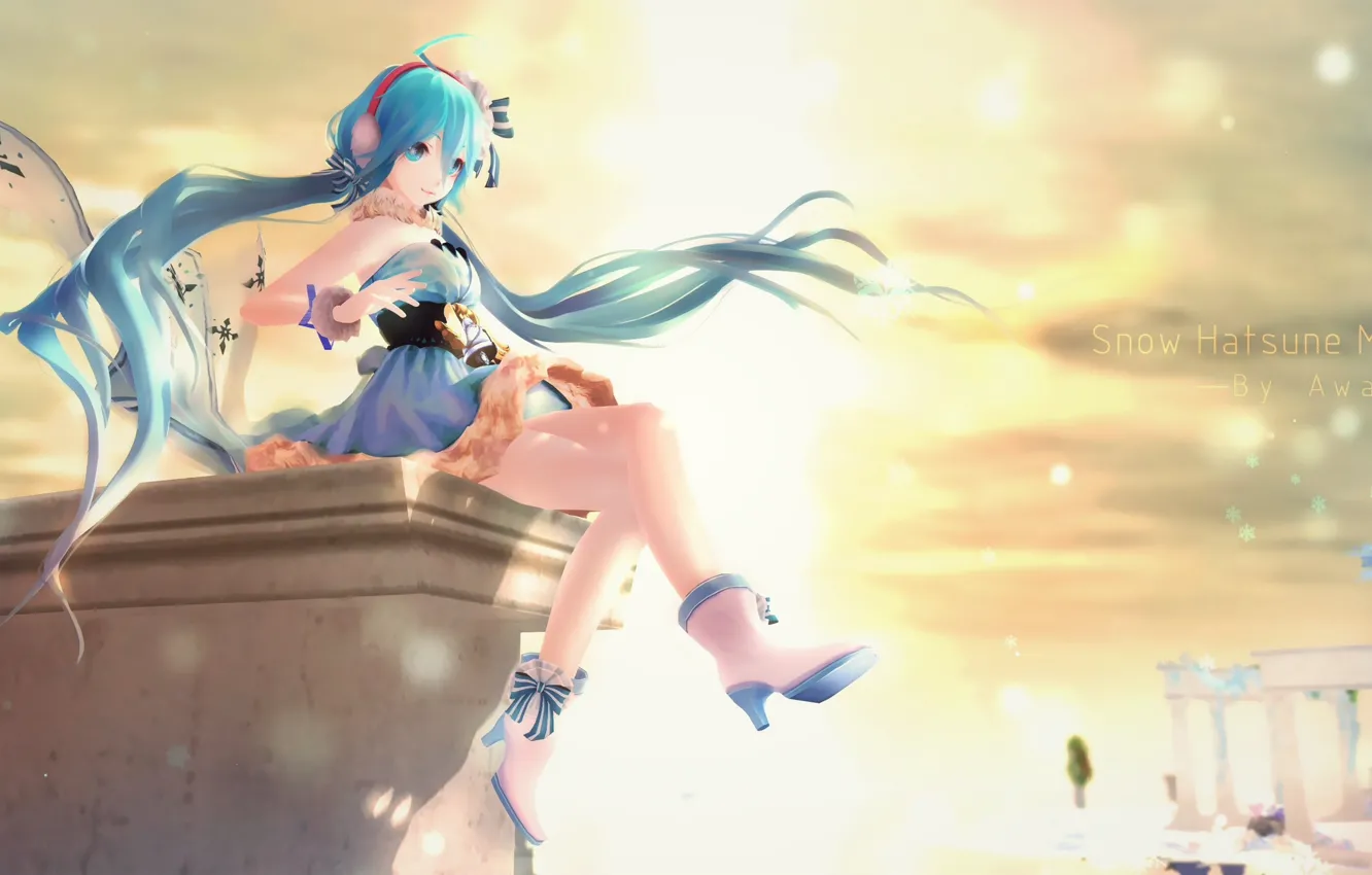 Photo wallpaper girl, sunset, smile, anime, headphones, art, vocaloid, hatsune miku