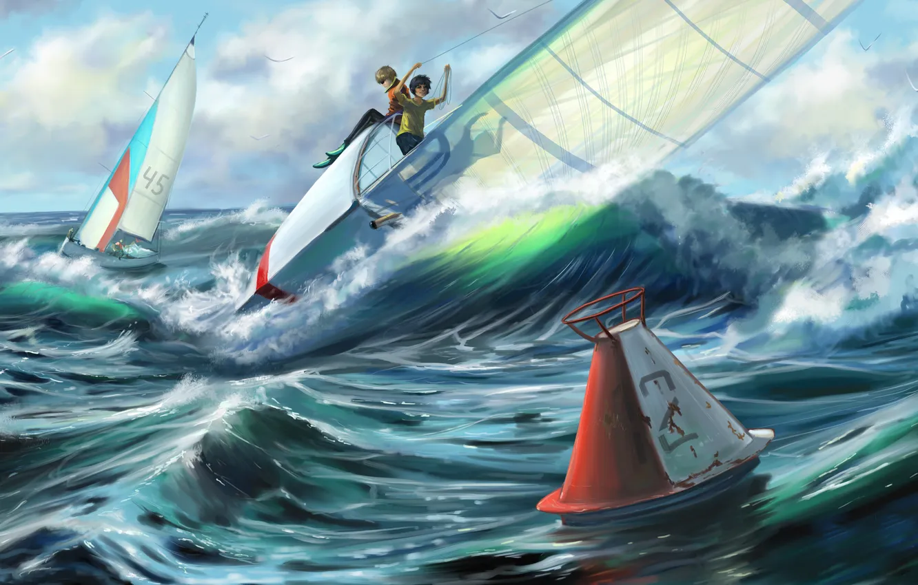 Photo wallpaper sea, wave, clouds, the wind, bird, yacht, art, the buoys