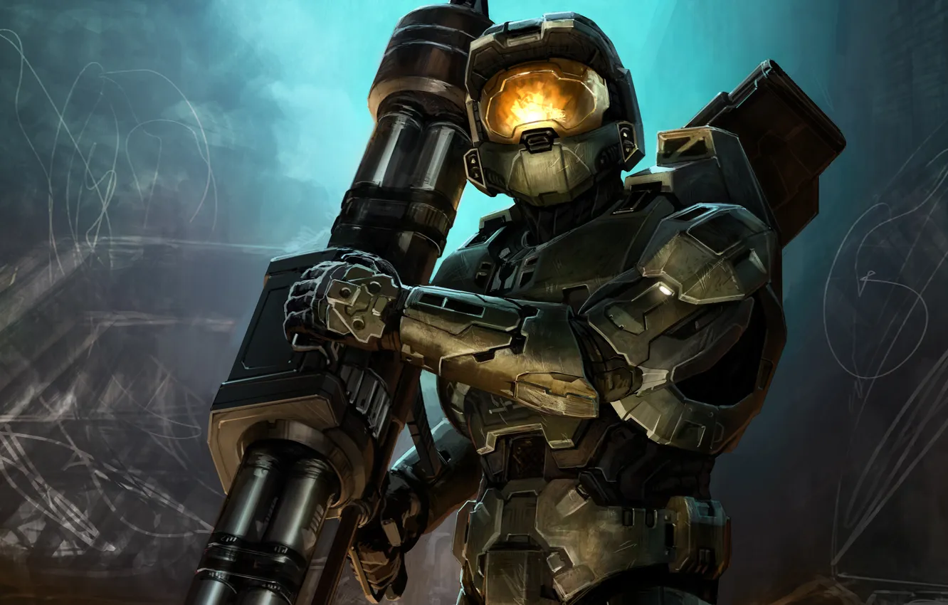 Photo wallpaper reflection, weapons, soldiers, costume, Halo, armor