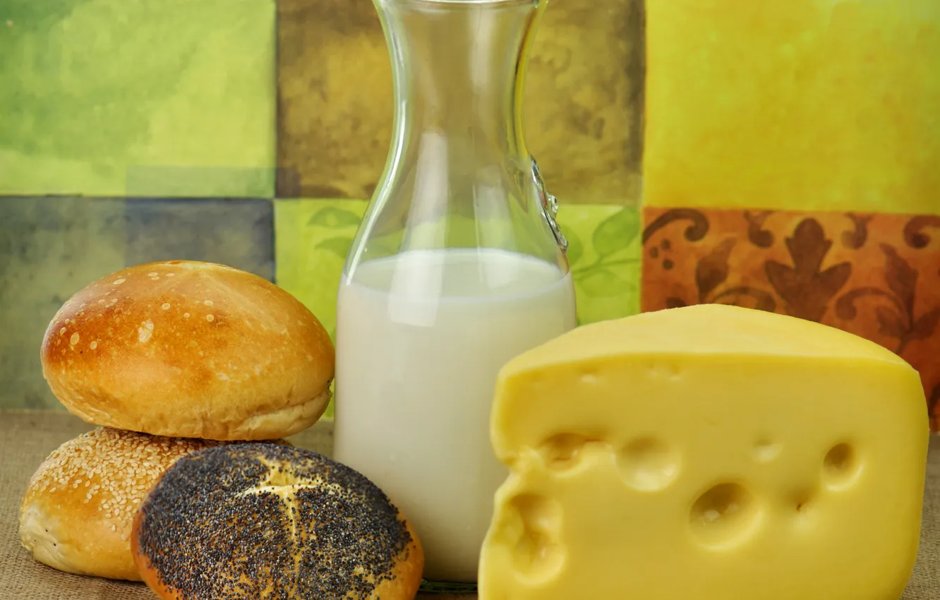 Photo wallpaper cheese, milk, sesame, buns, cumin