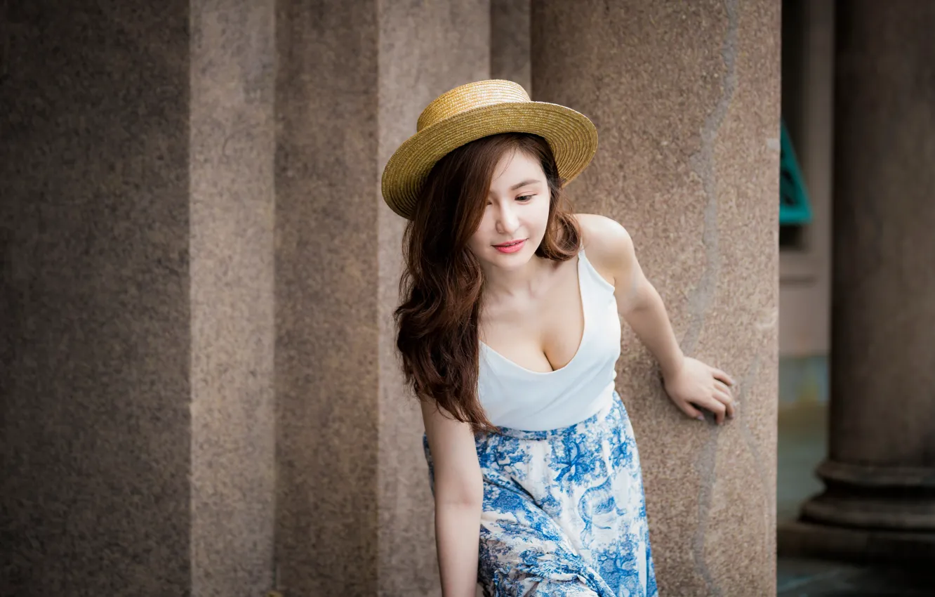 Photo wallpaper girl, pose, skirt, hat, Mike, neckline, Asian, cutie