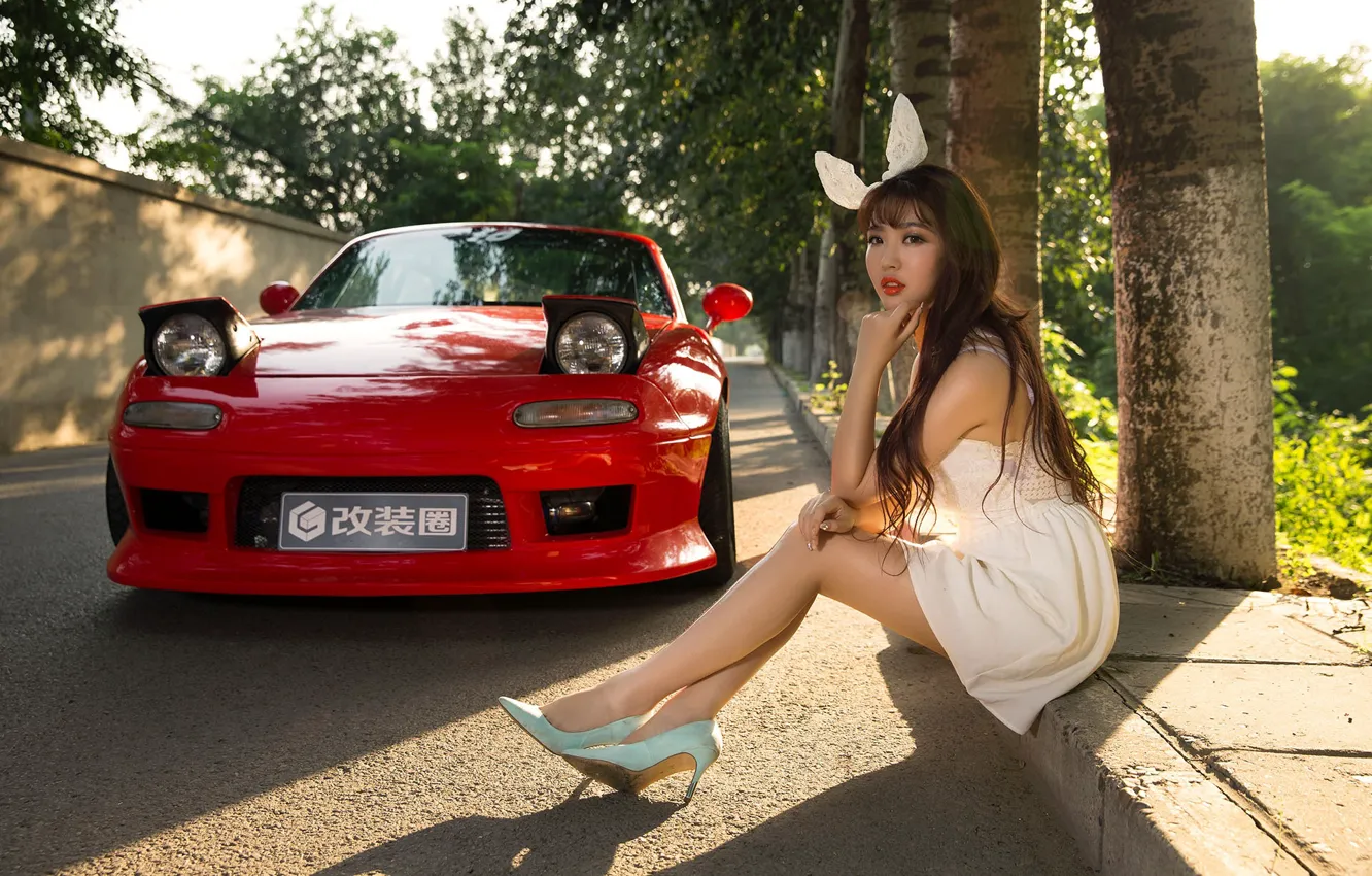 Photo wallpaper look, girl, Asian, beautiful girl, red car, posing on the car, Mazda MX5