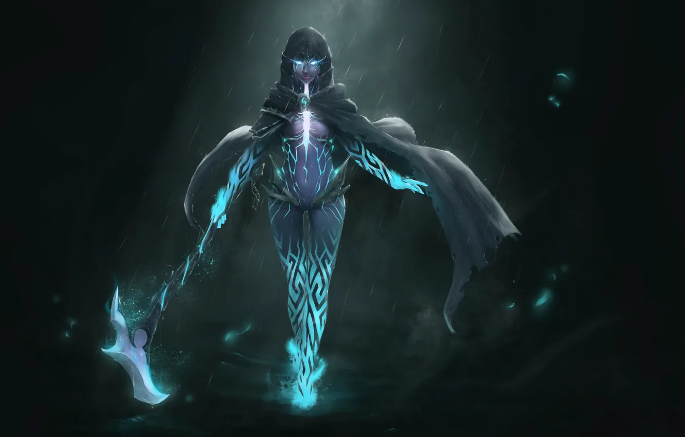Photo wallpaper girl, rain, art, braid, cloak, dota 2, mortred, Phantom Assassin