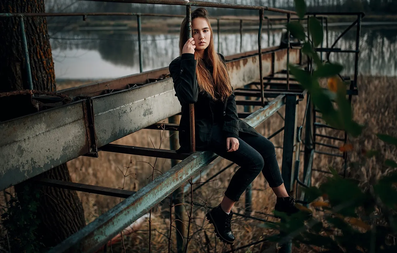 Photo wallpaper pose, look, bridge, girl, river, Eugene Sukhorukov