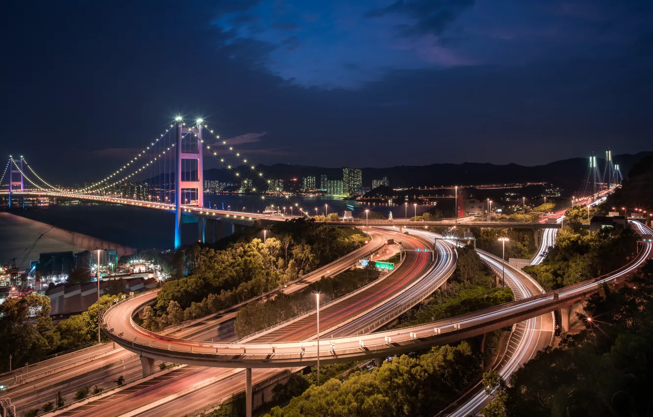 Photo wallpaper road, bridge, China, Hong Kong, China, night city, Hong Kong, Tsing Ma Bridge