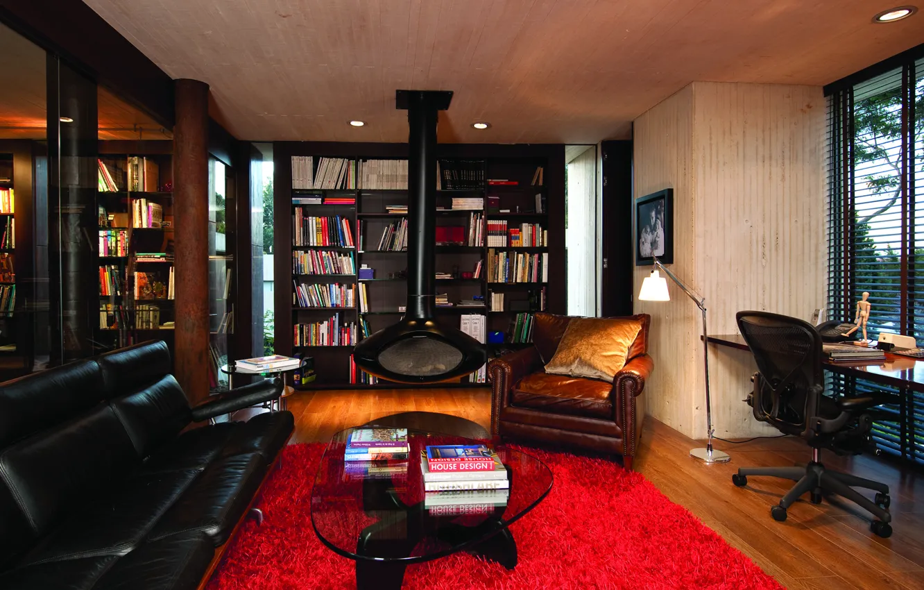 Photo wallpaper sofa, furniture, interior, chair, book, fireplace, shelves