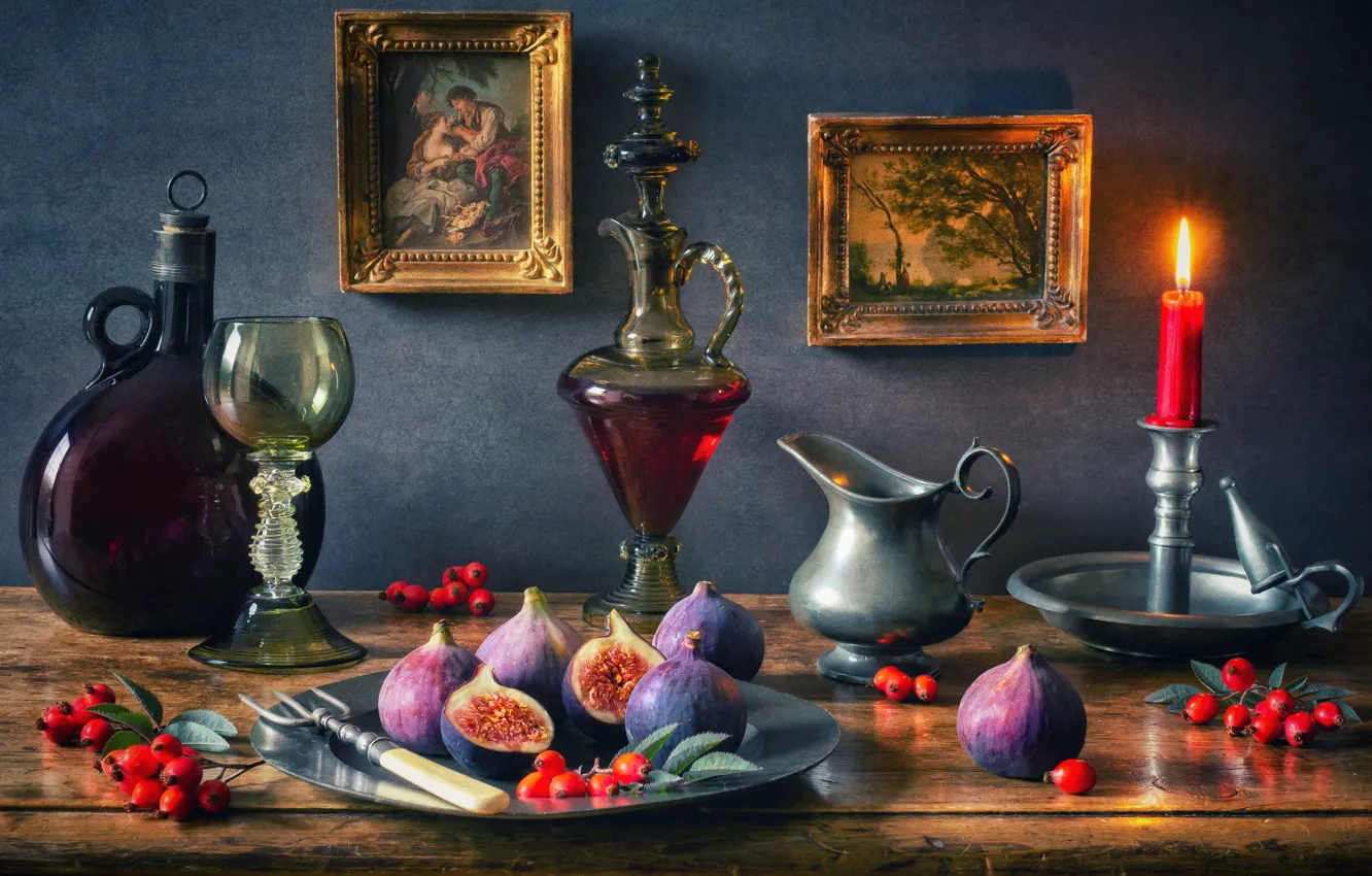 Photo wallpaper style, berries, wine, glass, bottle, picture, candles, briar