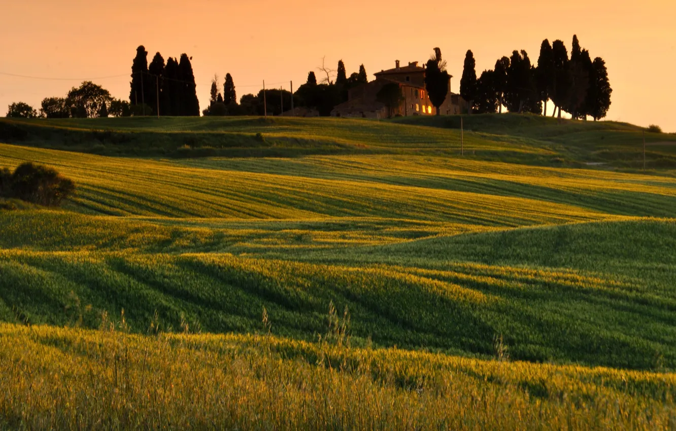 Photo wallpaper hills, home, the evening, Italy, Tuscany, Val d'Orcia