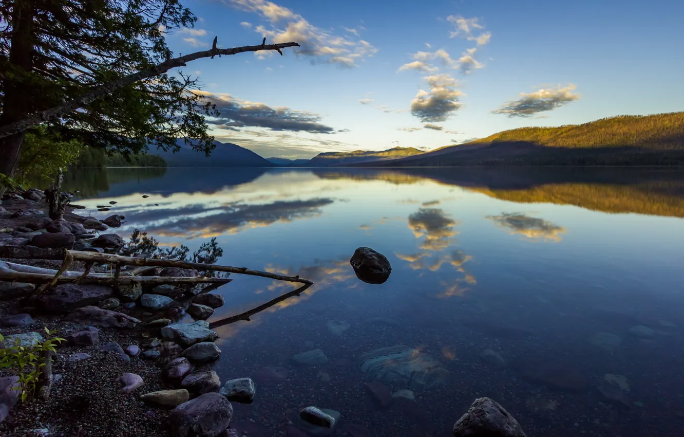 Photo wallpaper summer, transparency, trees, lake, reflection, stones, hills, the evening