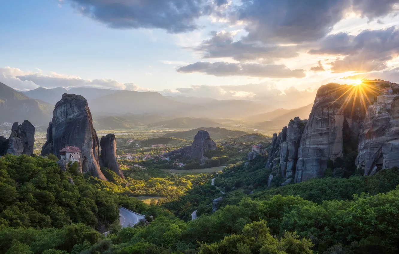 Photo wallpaper the sun, rays, mountains, meteor, Greece