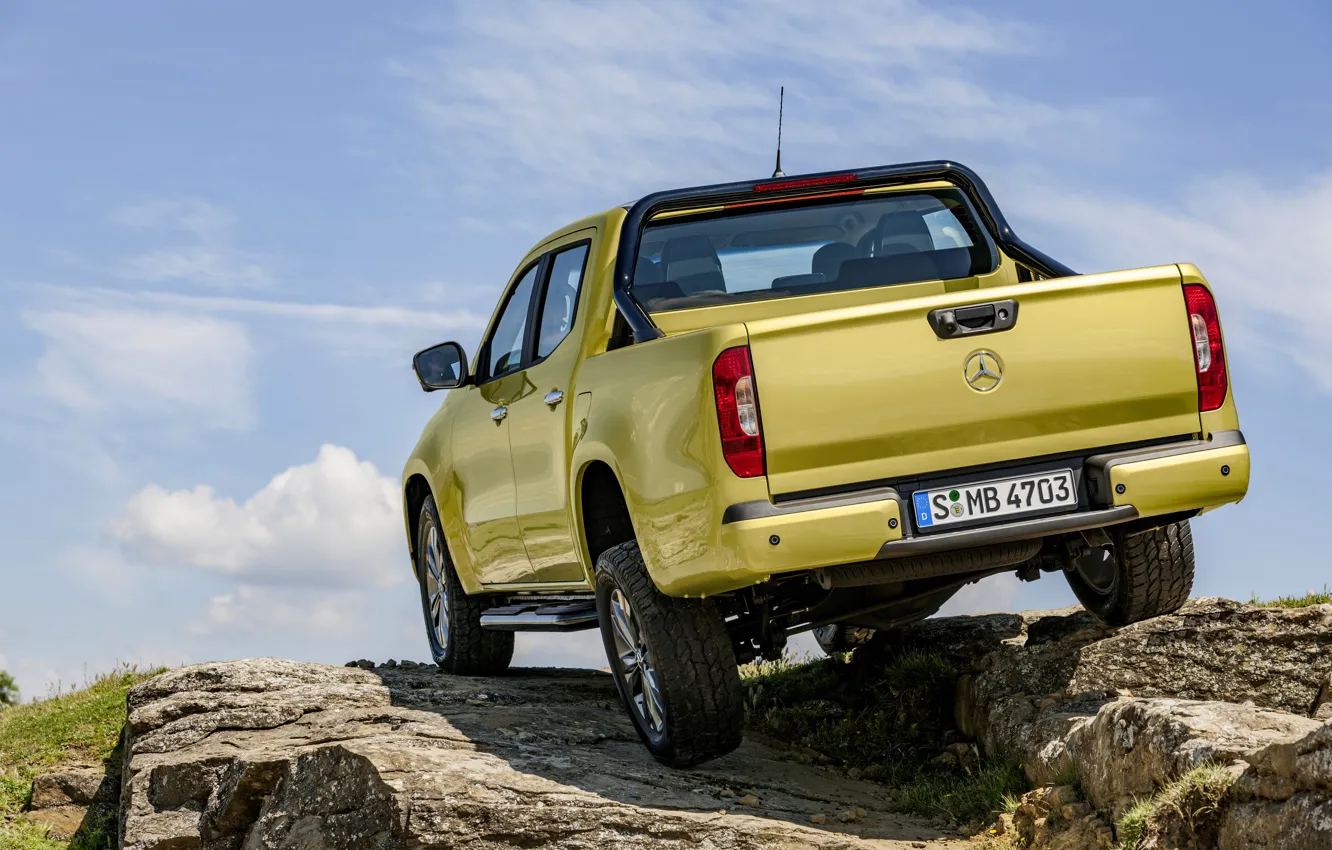 Photo wallpaper stones, yellow, vegetation, Mercedes-Benz, body, rear view, pickup, suspension