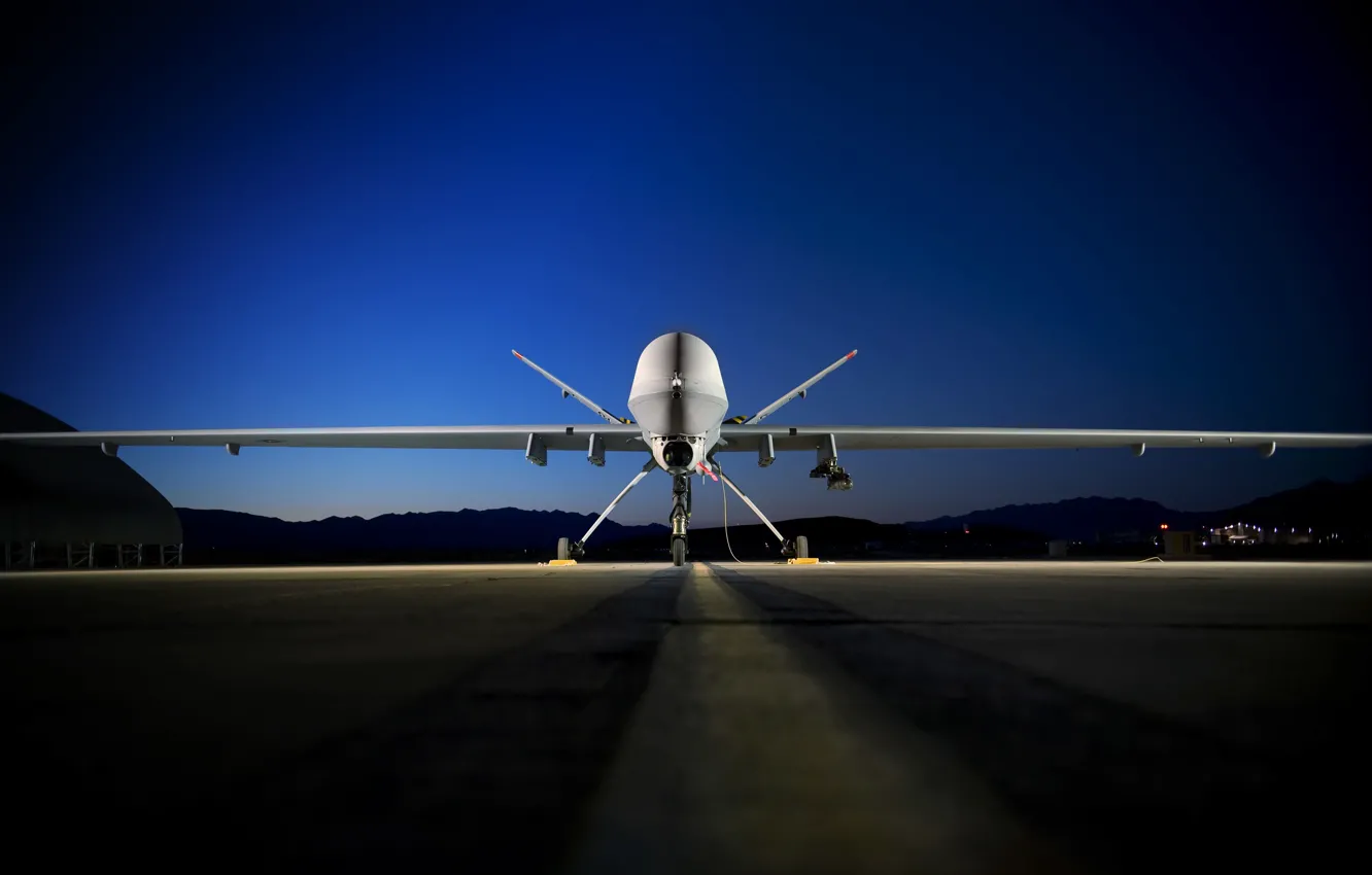 Photo wallpaper sunset, twilight, UAV, WFP, Air Force Base, Creech, MQ-9, U.S. Air Force