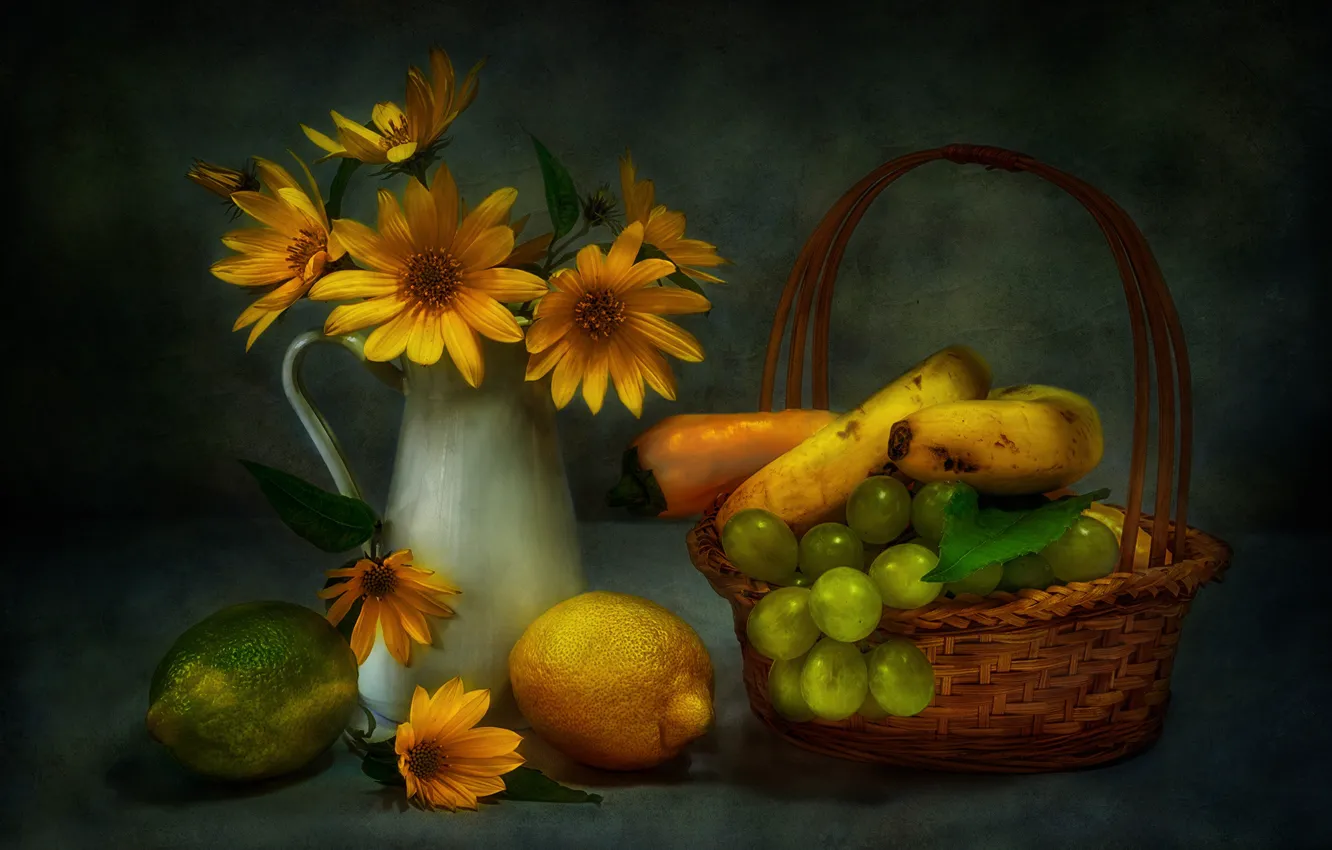 Photo wallpaper lemon, bouquet, grapes, bananas, still life