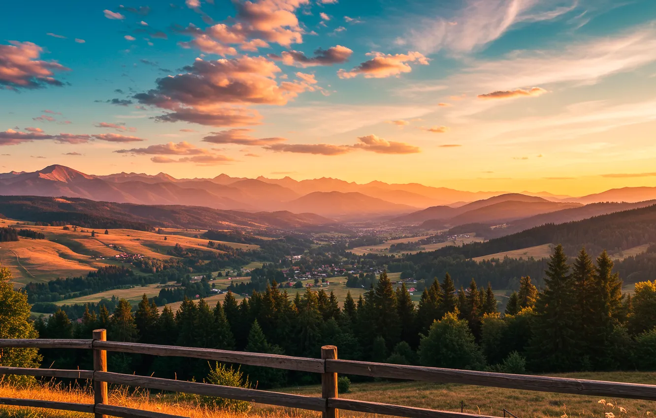 Photo wallpaper the sky, clouds, sunset, Wallpaper, valley, the fence, wallpaper, sky