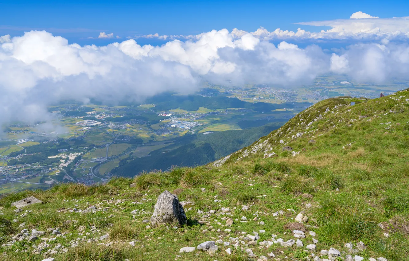 Photo wallpaper clouds, nature, mountains, landscape, Japan, stones, the city