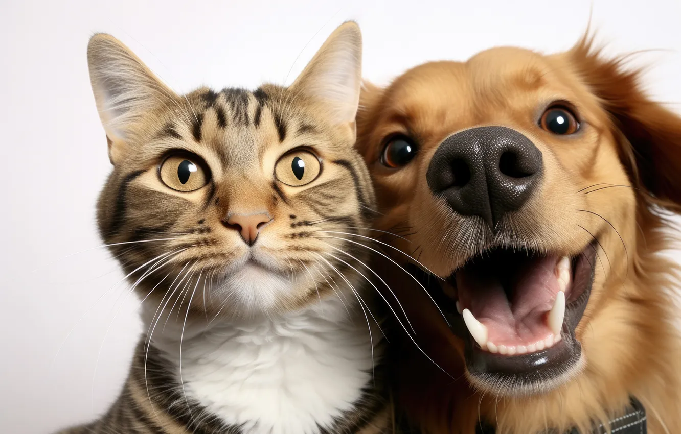 Photo wallpaper cat, cat, look, face, each, dog, two, Labrador
