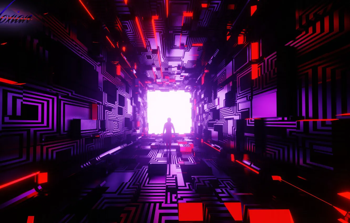 Photo wallpaper room, figure, silhouette, corridor, the tunnel, cube, geometry, cyberpunk