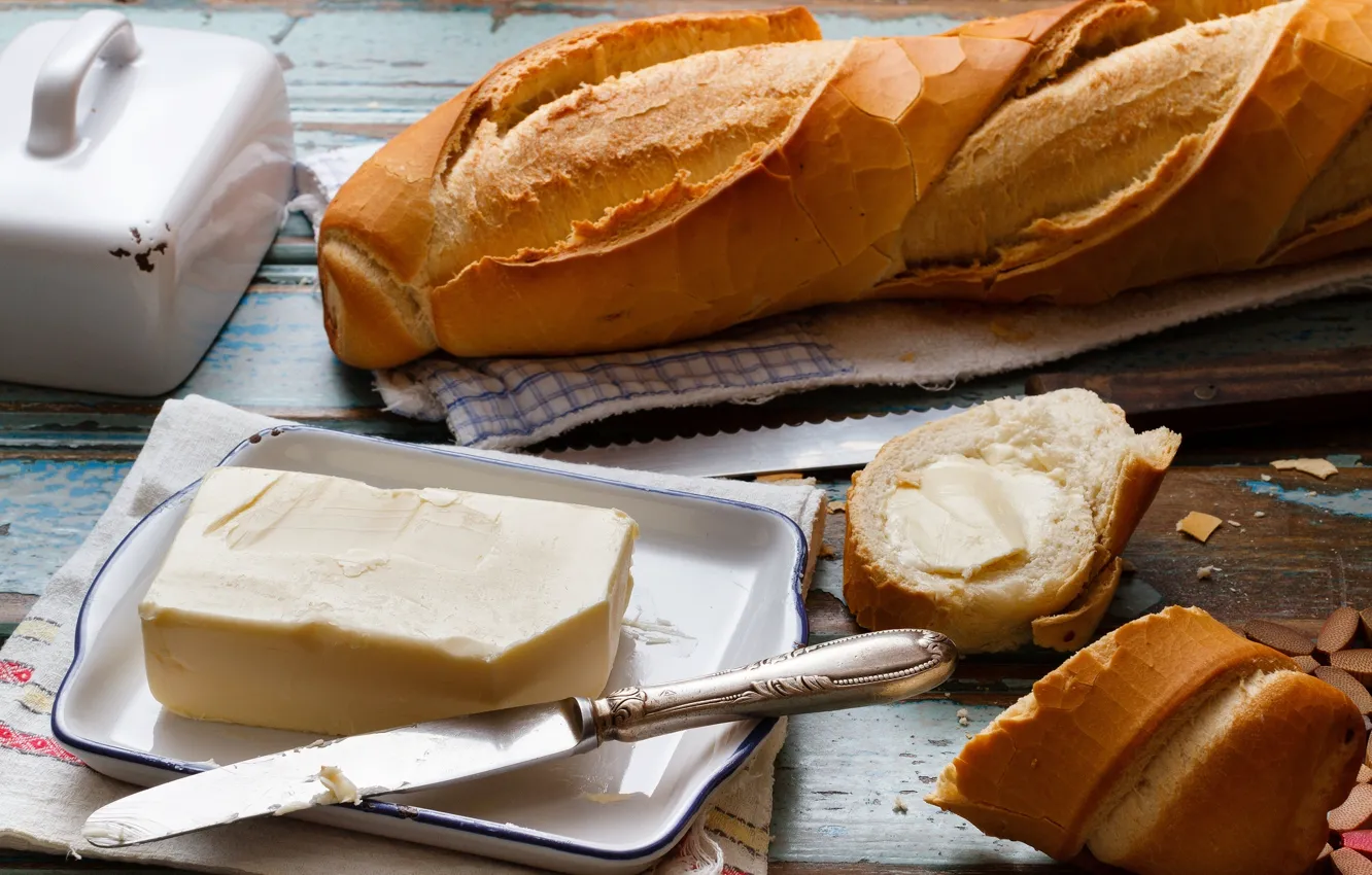 Photo wallpaper oil, food, Breakfast, bread, knife, baguette, baton