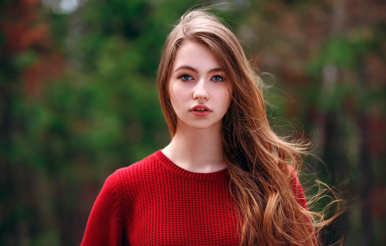 Photo wallpaper look, girl, model, portrait, makeup, hairstyle, in red, redhead