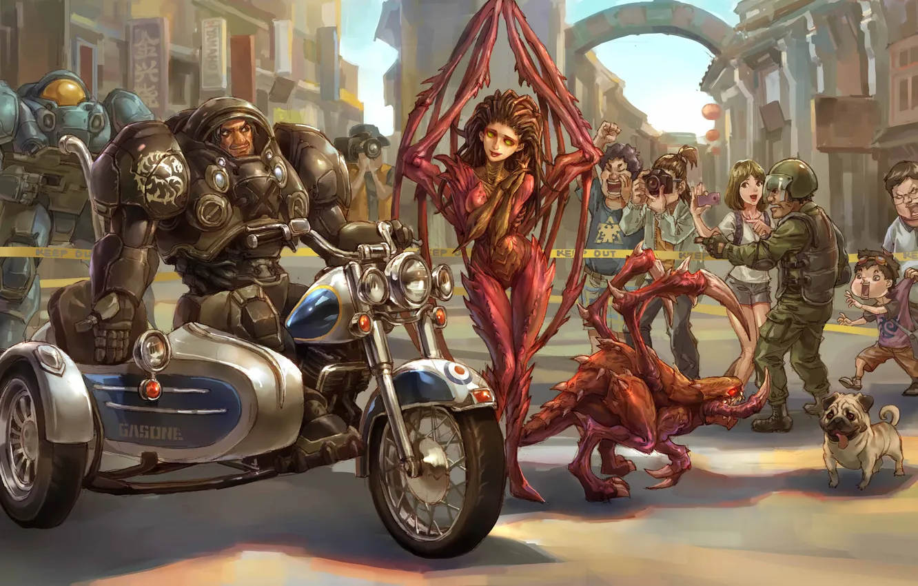 Photo wallpaper people, wings, humor, art, motorcycle, armor, starcraft 2, characters