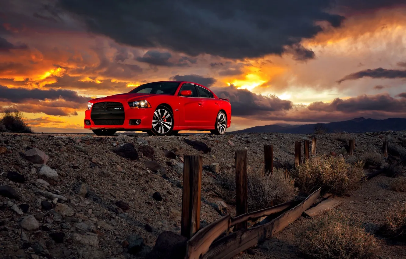 Photo wallpaper clouds, sunset, red, stones, Board, the fence, Dodge, SRT8