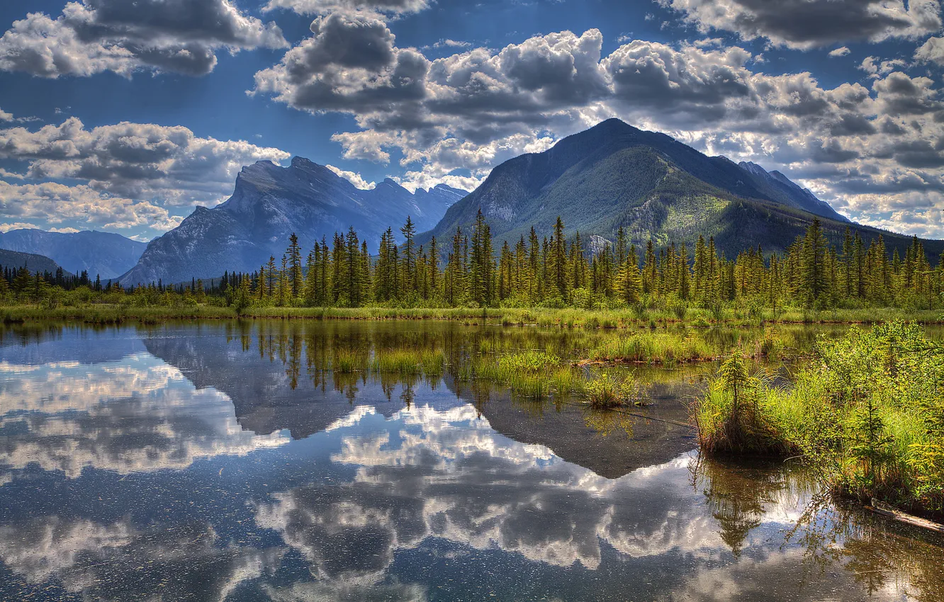Photo wallpaper the sky, clouds, trees, mountains, lake, reflection