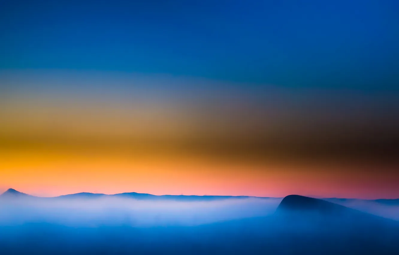 Photo wallpaper the sky, clouds, sunset, mountains, fog, top, glow