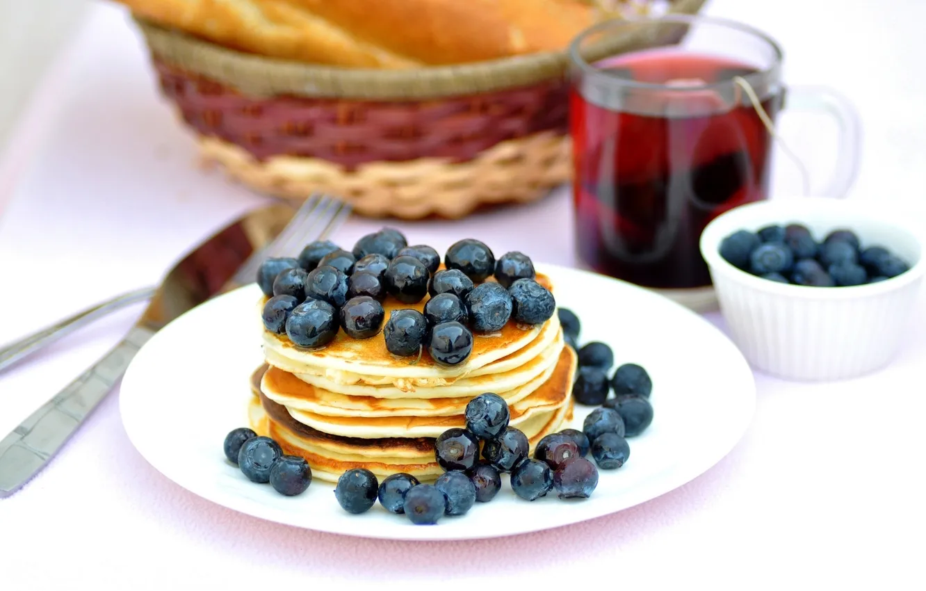 Photo wallpaper berries, tea, food, Breakfast, blueberries, honey, plate, Cup
