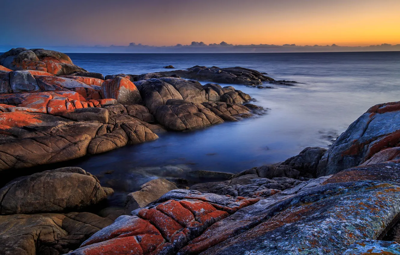 Photo wallpaper beach, stones, dawn, shore, morning