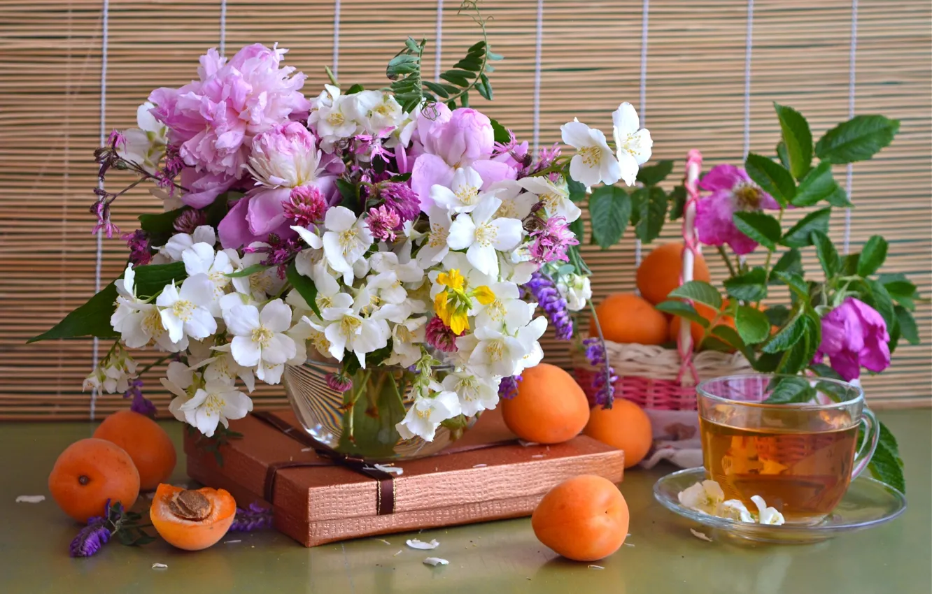 Photo wallpaper box, tea, bouquet, briar, still life, peonies, apricots, clematis