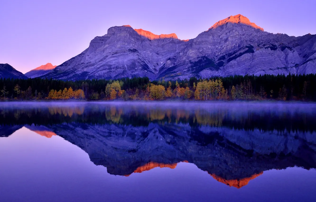 Photo wallpaper forest, mountains, lake, reflection, mountains, lake, morning, sunrise