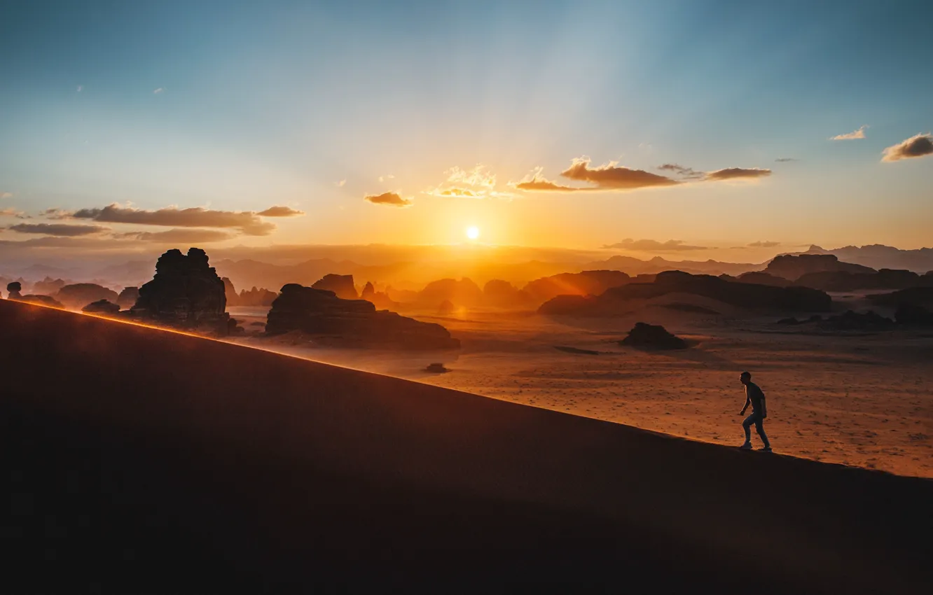 Photo wallpaper the sky, the sun, clouds, rays, sunset, fog, the way, rocks